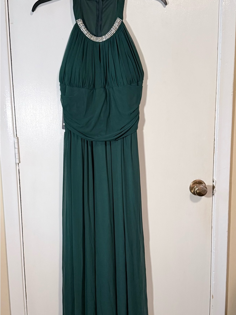 Emerald Green Sleeveless Evening Dress with Crystal Neck Detail